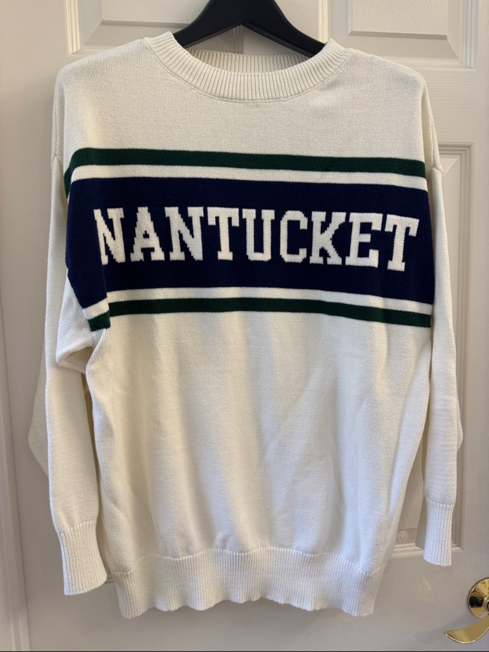 Nantucket Crewneck Sweater - White with Navy & Green Stripes